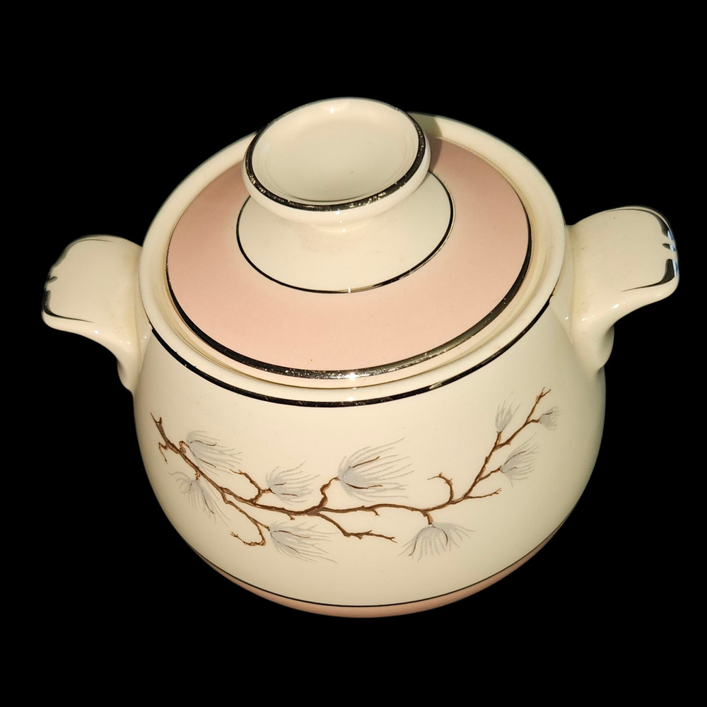 Vintage Pink Cream Ceramic Covered Sugar Bowl Pine Branch Silver Trim